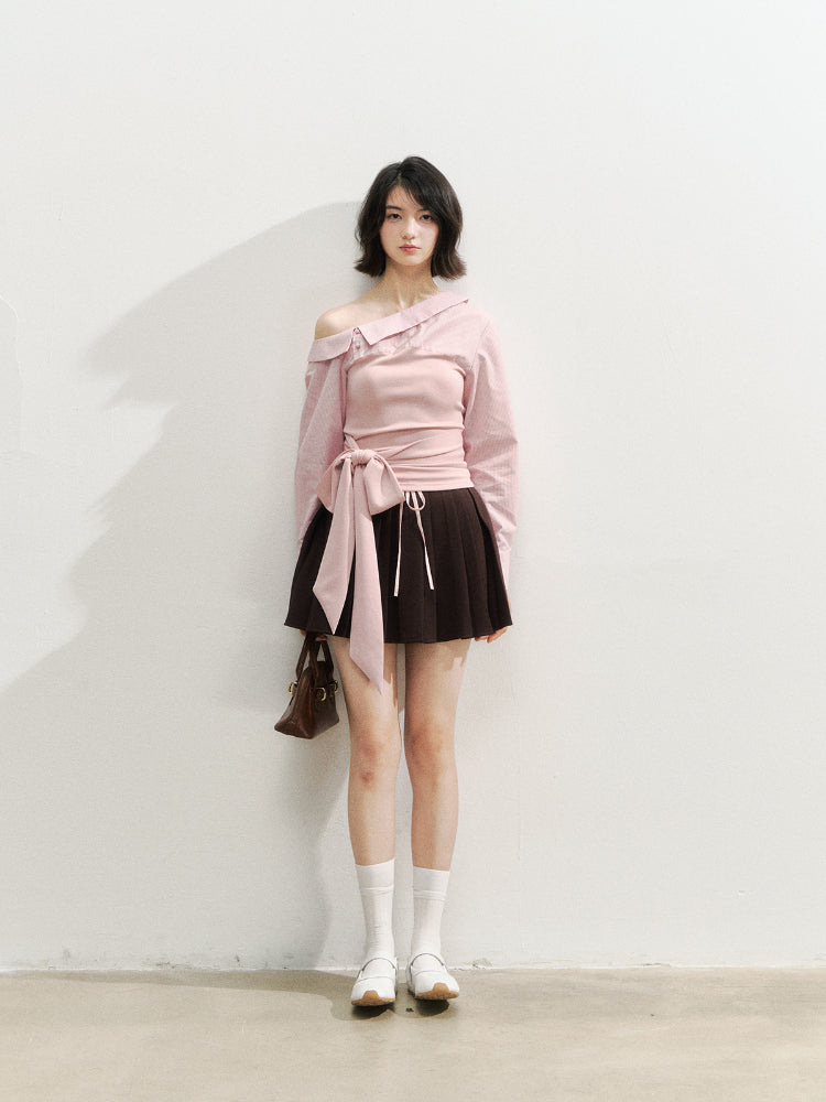 Asymmetric Shoulder Fake Two-Piece Striped Patchwork Shirt
