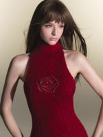 Red Fitted Halter Knit Dress