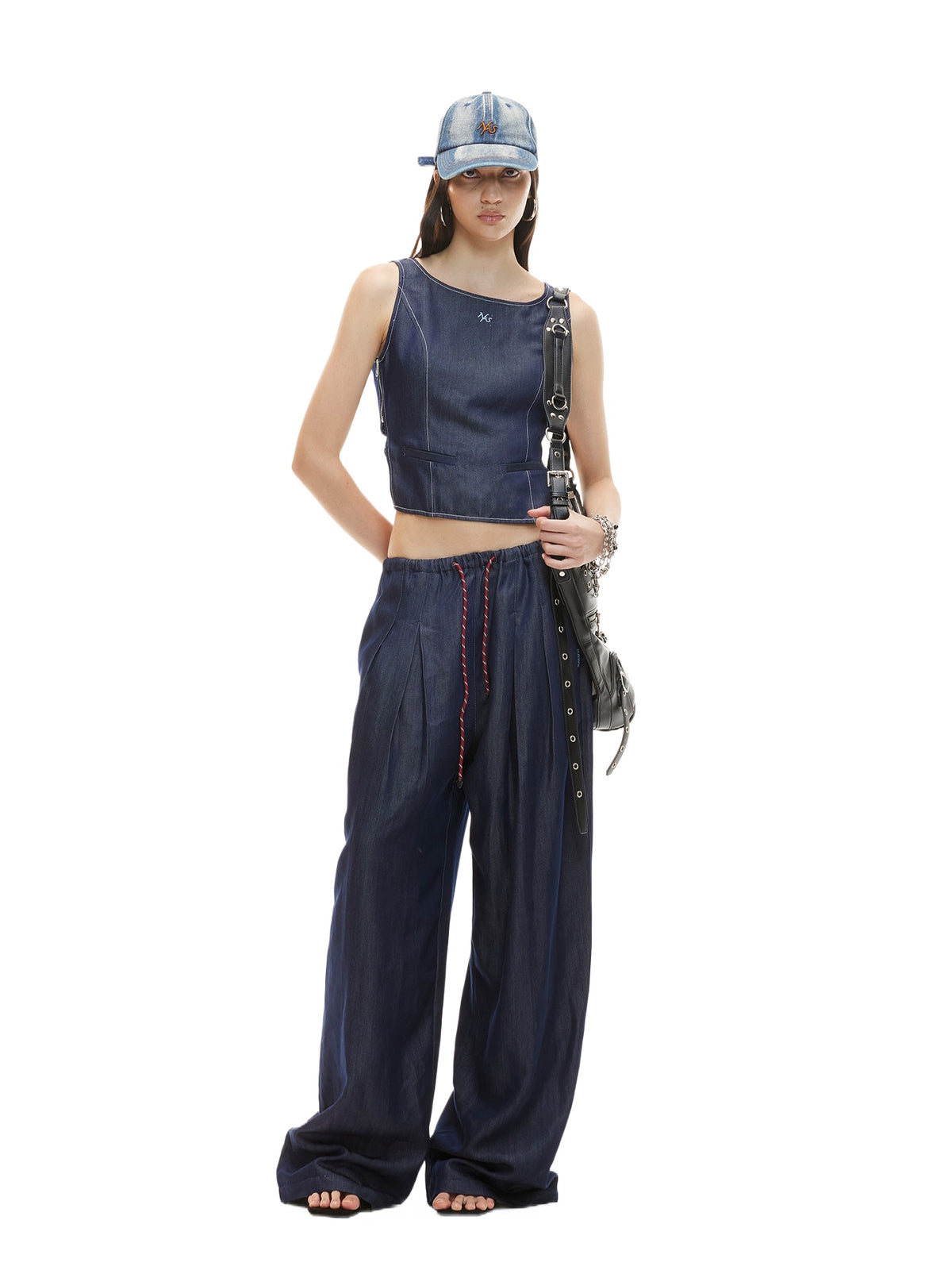 Blue Draped Wide Jeans