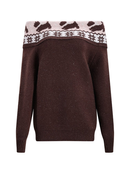 Brown Fair Isle Off-shoulder Sweater &amp; Skirt Set