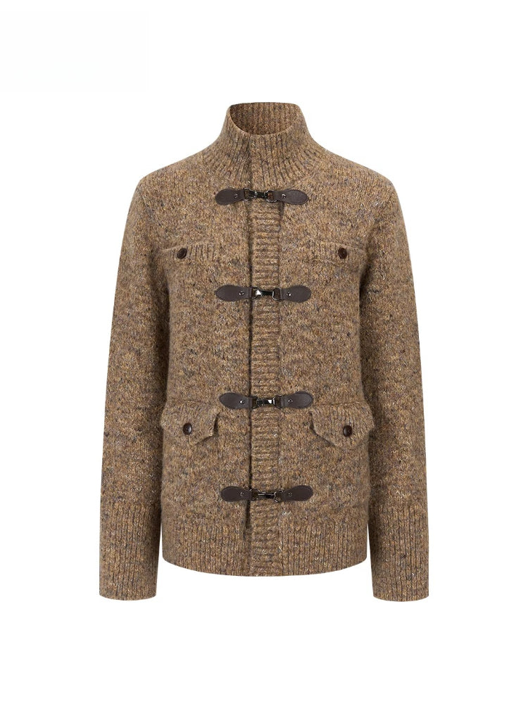 Brown Leather Buckle Cardigan &amp; Hooded Cape Set