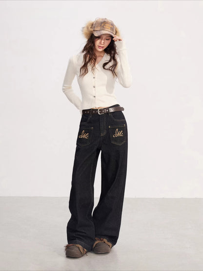 Vintage Black Denim Embroidered Wide Leg Pants