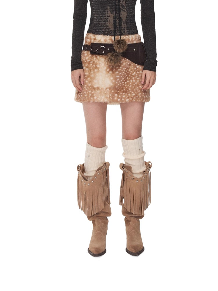 Vintage Deer Print Faux Fur Skirt