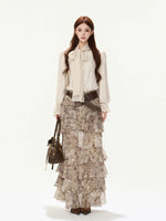 Lace Tie Pleated A-Line Blouse