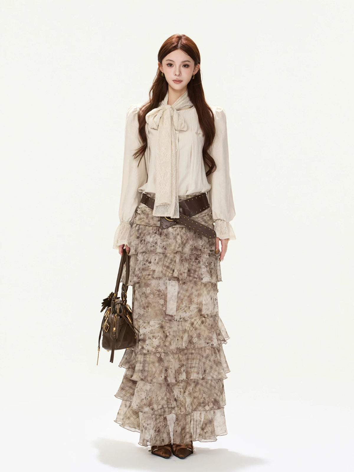 Lace Tie Pleated A-Line Blouse