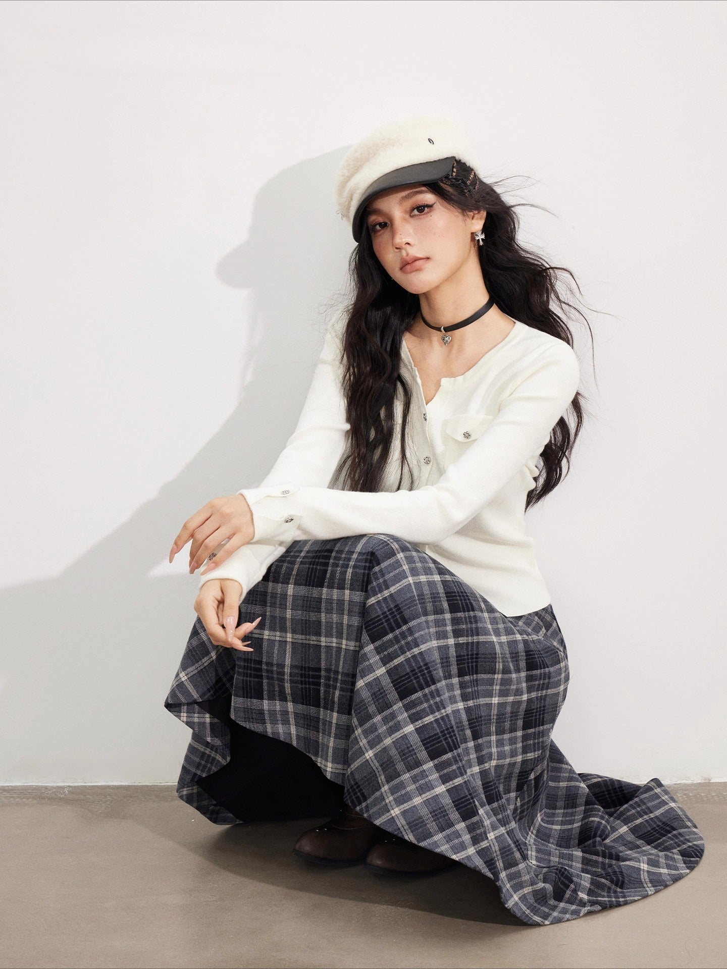 Navy Blue Plaid Wool Skirt