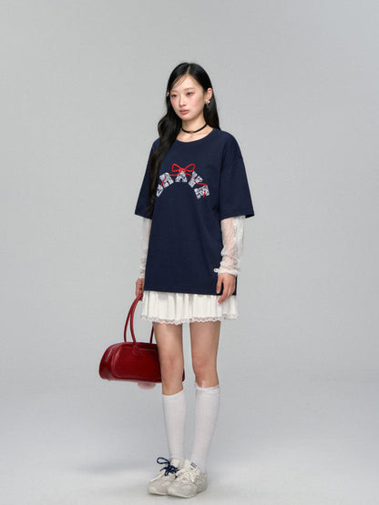 Lace-spliced Alphabet Bow T-shirt
