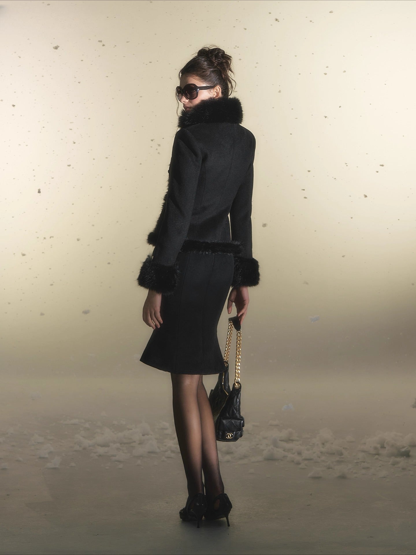 Faux Fur Double-Breasted Waist-Coated Jacket &amp; Skirt Set