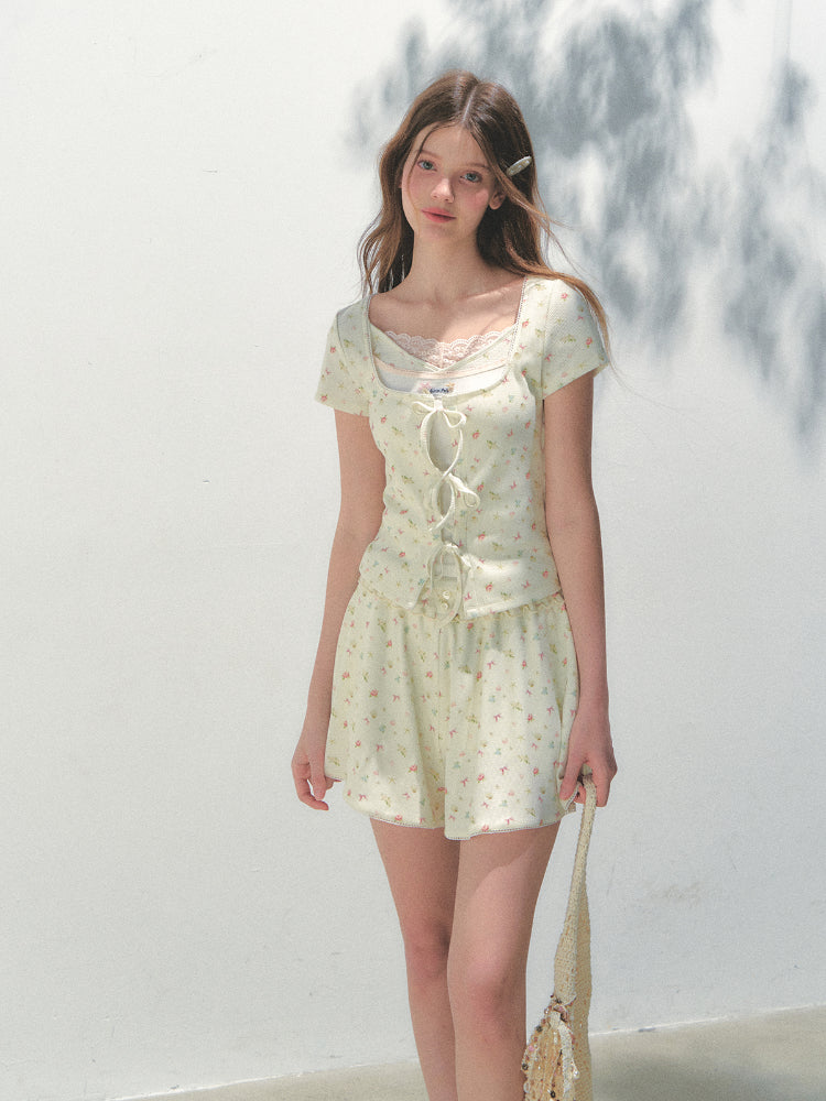 Sea Salt Flavor Printed Short-Sleeve Tie T-shirt &amp; Skirt Set