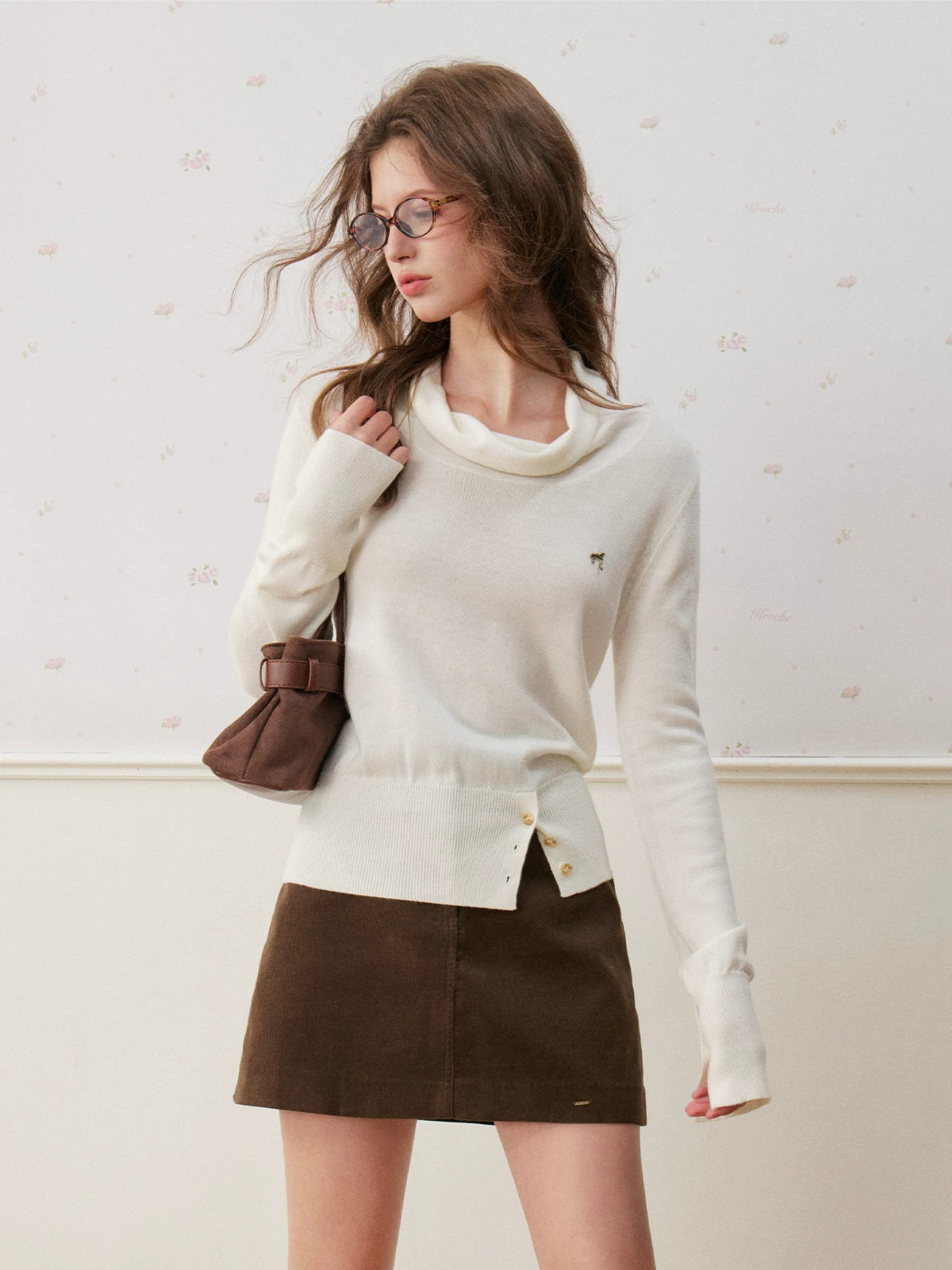 Silk Wool Cowl Neck Knit Top