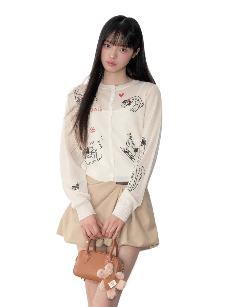 Embroidered Puppy Sun-Protective Knit Cardigan