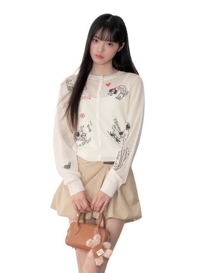 Embroidered Puppy Sun-Protective Knit Cardigan