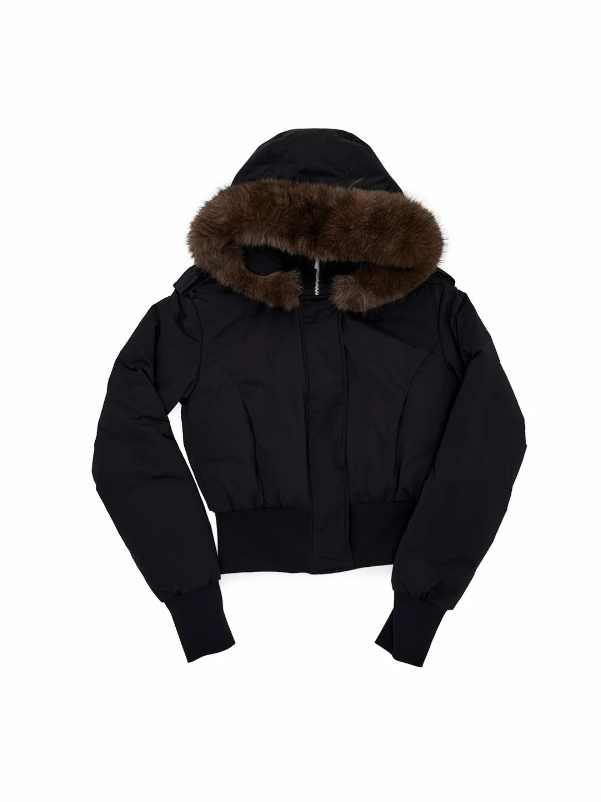 Detachable Faux Fur Ribbed-Waist Down Jacket