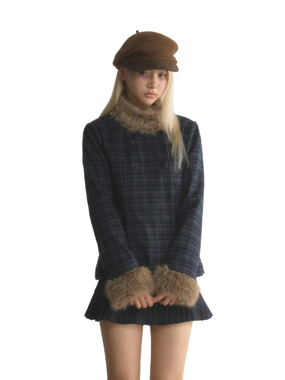 Plaid Fur-Trimmed Double-Breasted Jacket