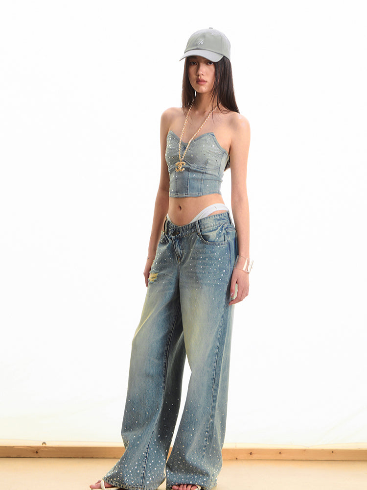 Washed Rhinestone Straight-Leg Wide-Leg Pants