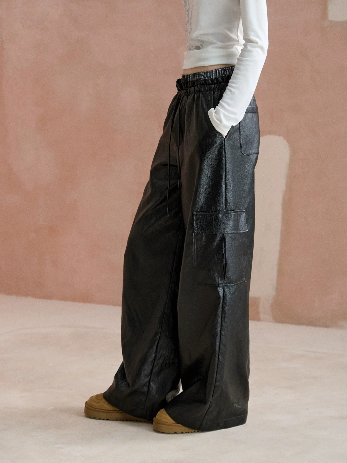 Double Waist Faux Leather Pants