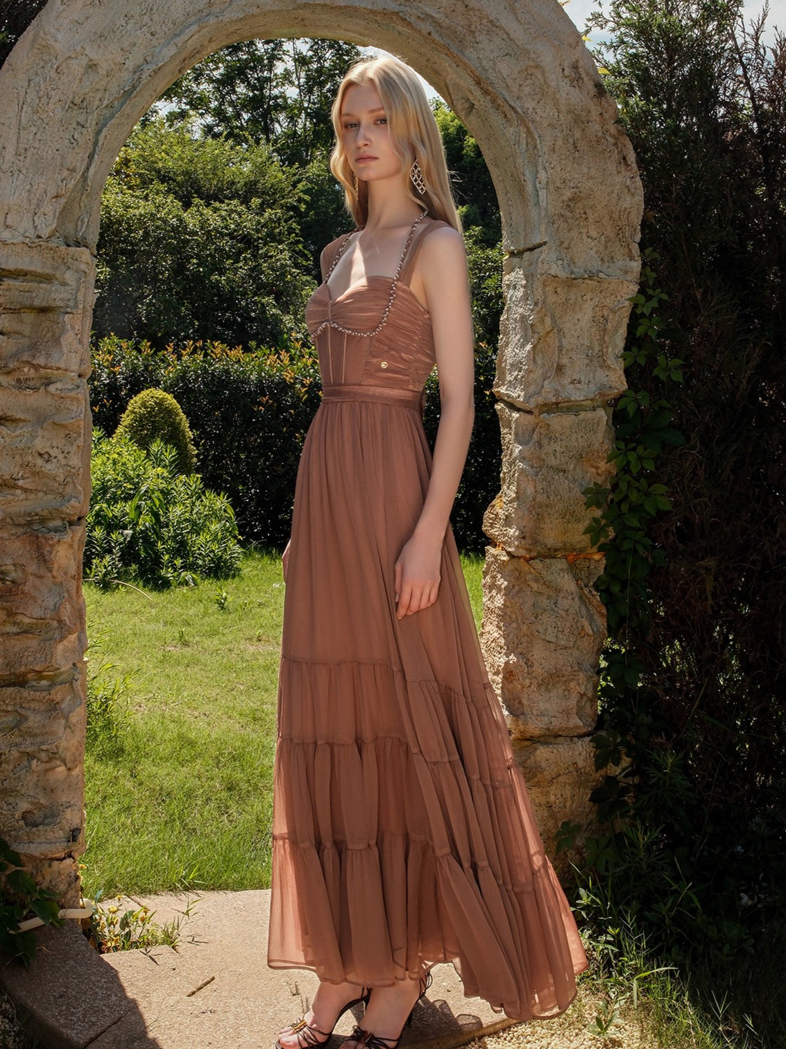 Tia Beaded Crochet Pleated Mesh Halter  Dress