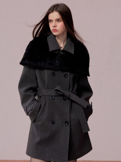 Fur Collar Cape-Style Wool Coat