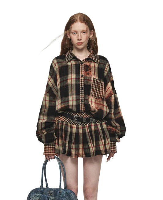 Tie-dye Plaid Shirt &amp; Mini Skirt Set