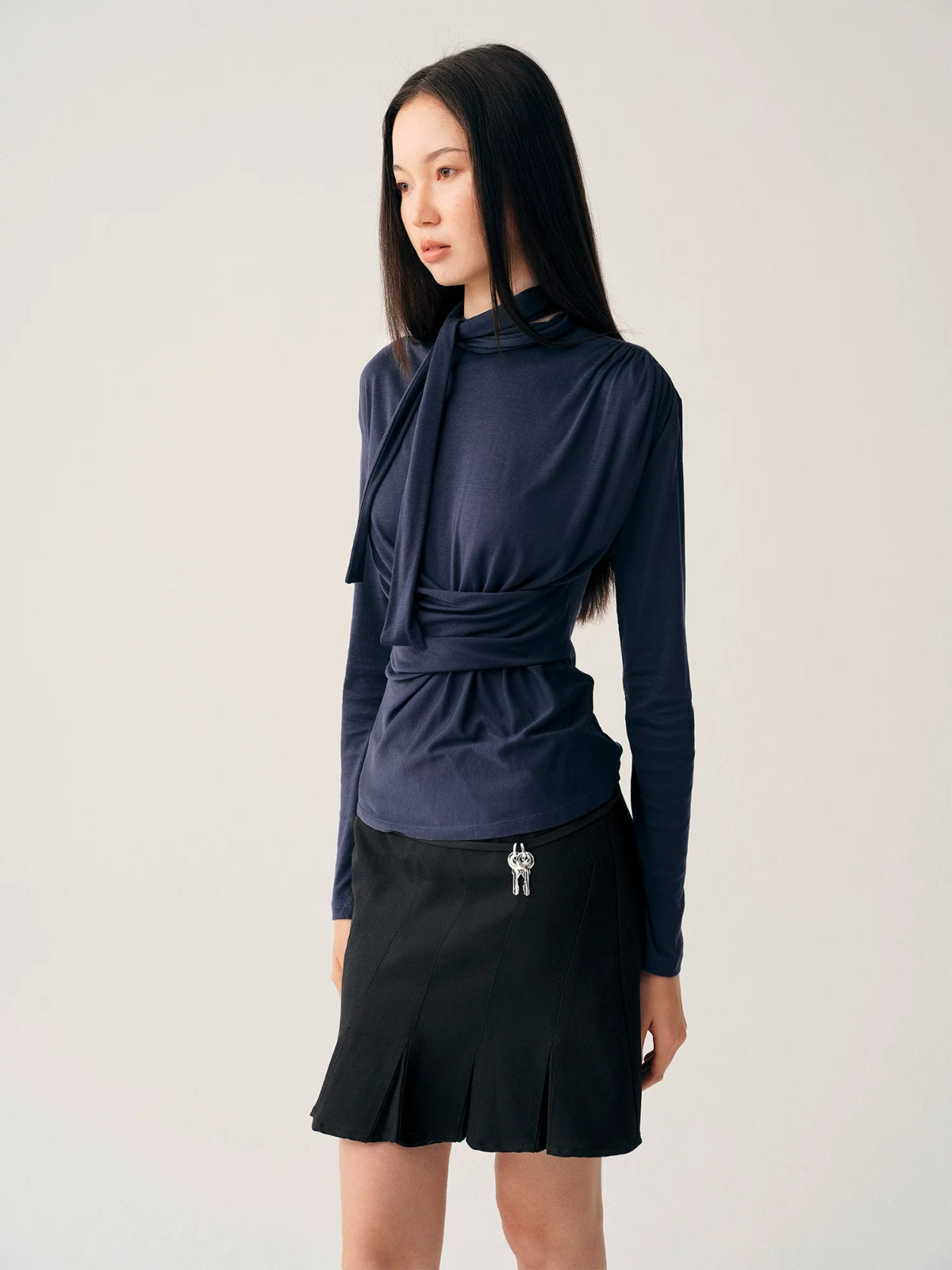 Navy Lace Up Waist Top
