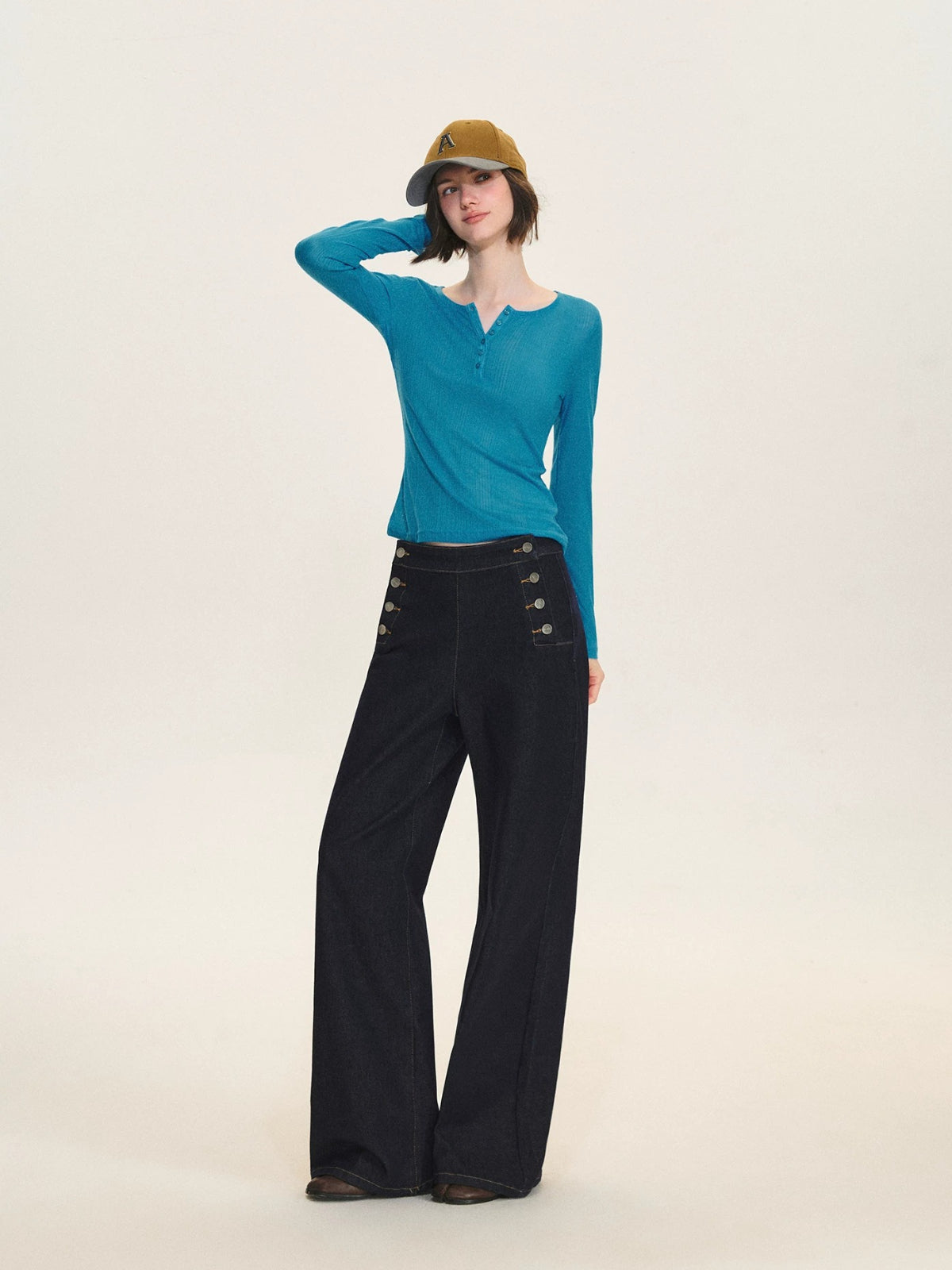 Ribbed Henley Long Sleeve Top