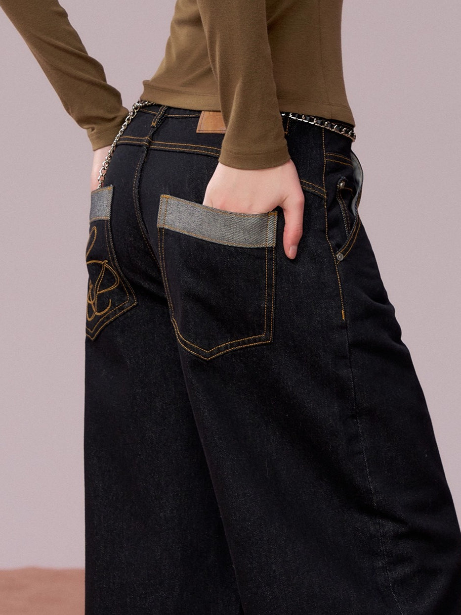 Rhinestone Cuffed Wide-Leg Denim Jeans