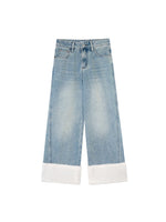 Blue Shearling-Trim Straight-Leg Denim Pants