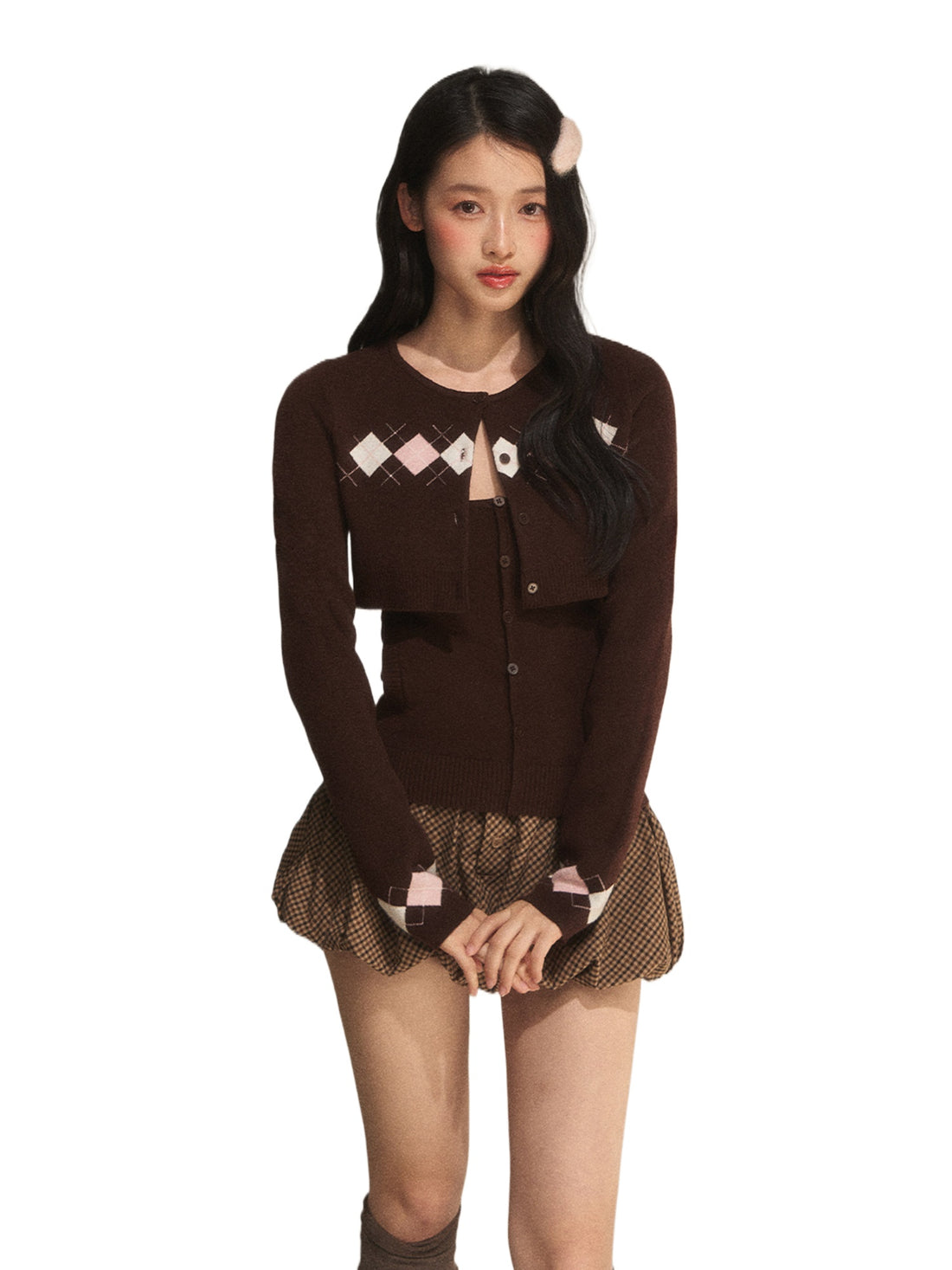 Brown Argyle Knit Cardigan Set