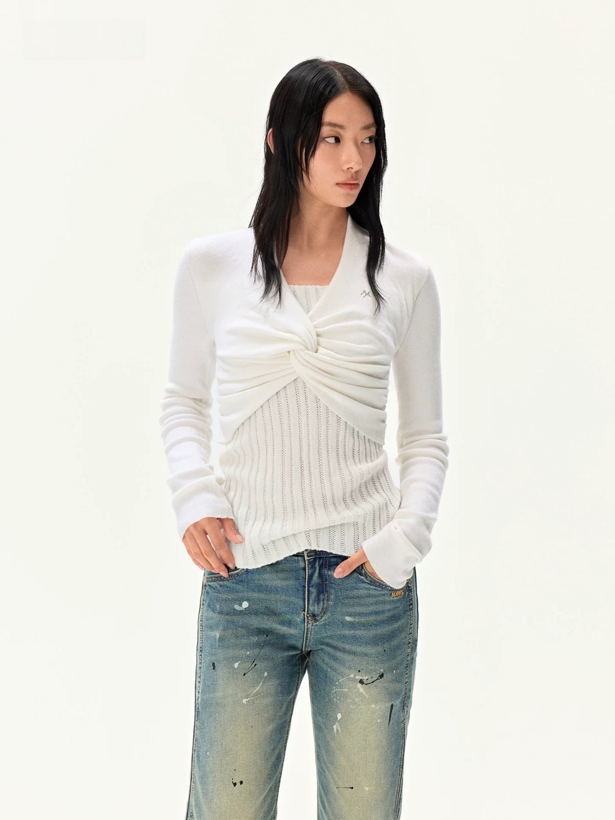 Pearl Twist Knit V-Neck Sweater