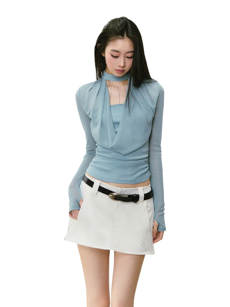 Chain Halter Draped Neck Fitted T-shirt