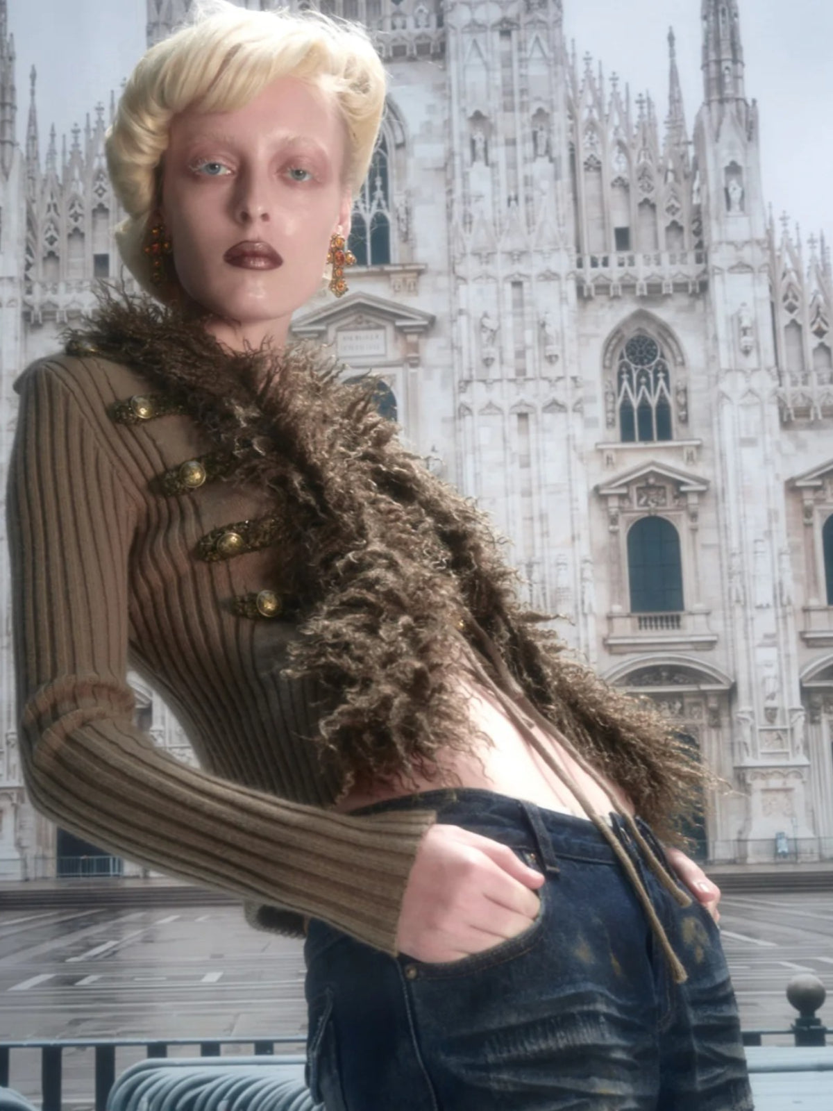 Napoleon Fur Collar Ribbed Cardigan