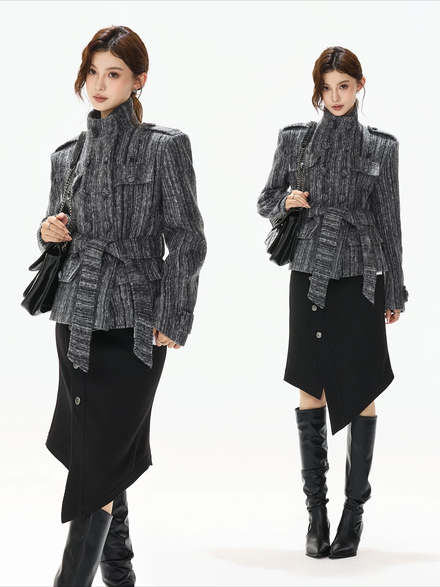 Gray Belted Tweed Coat