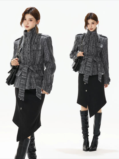 Gray Belted Tweed Coat