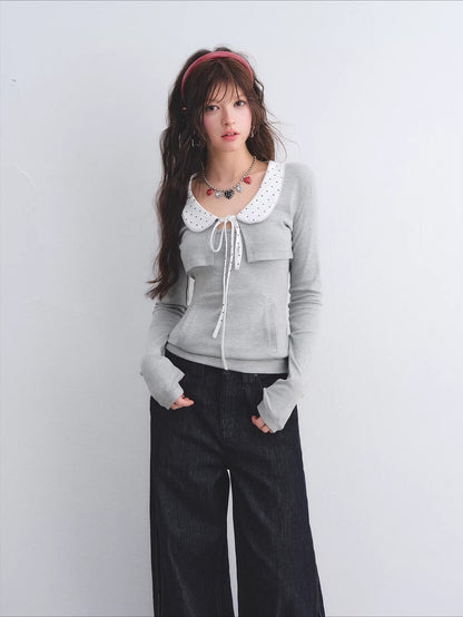 Polka Collar Cardigan Set