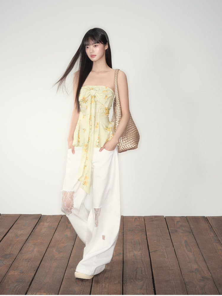 Yellow Floral Elastic Bow - adorned Strapless Top