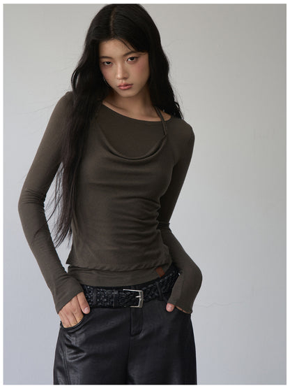 Fake Two-Piece Knit Long-Sleeve Blouse