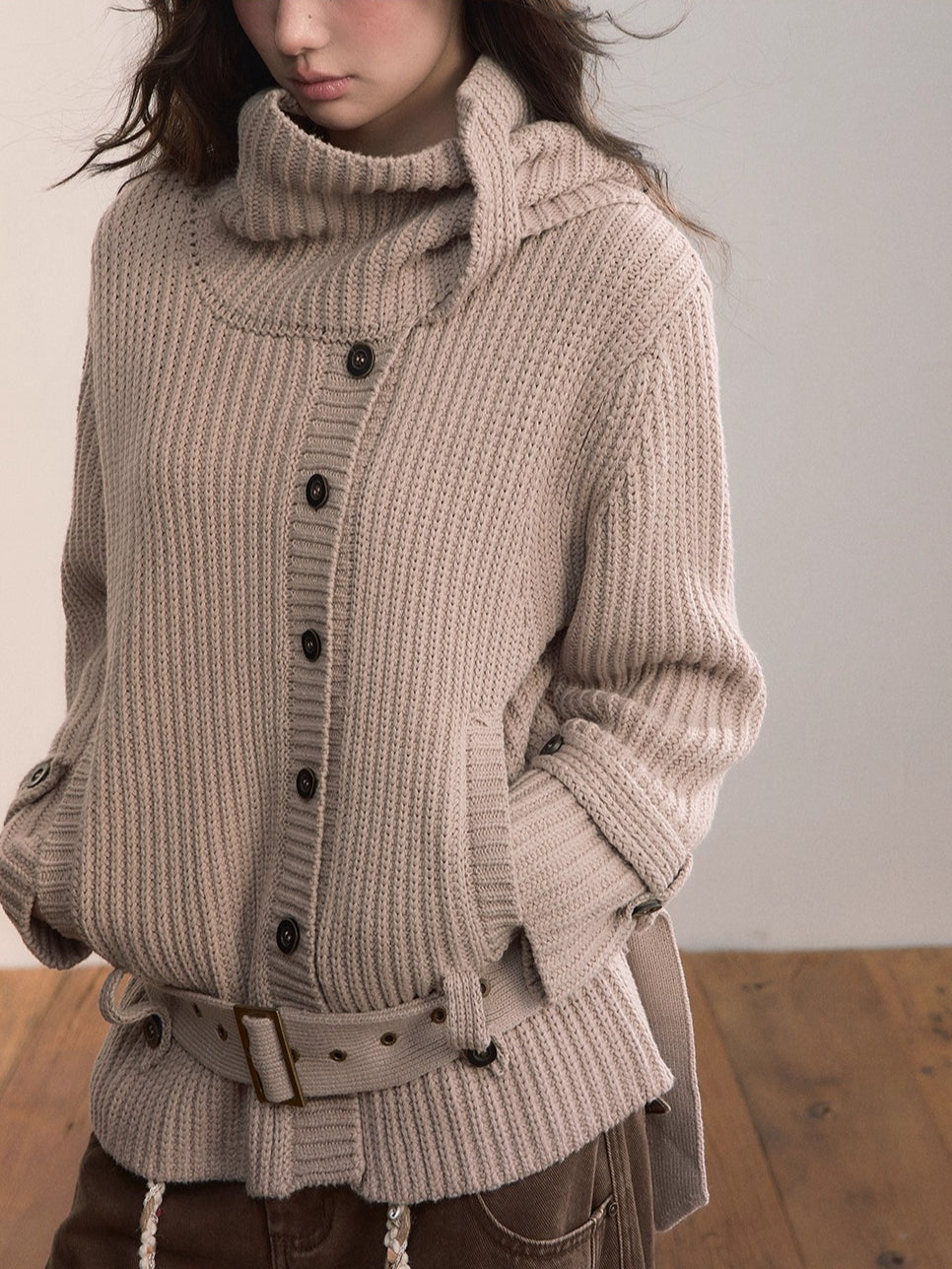 Oatmeal Scarfed Knit Sweater