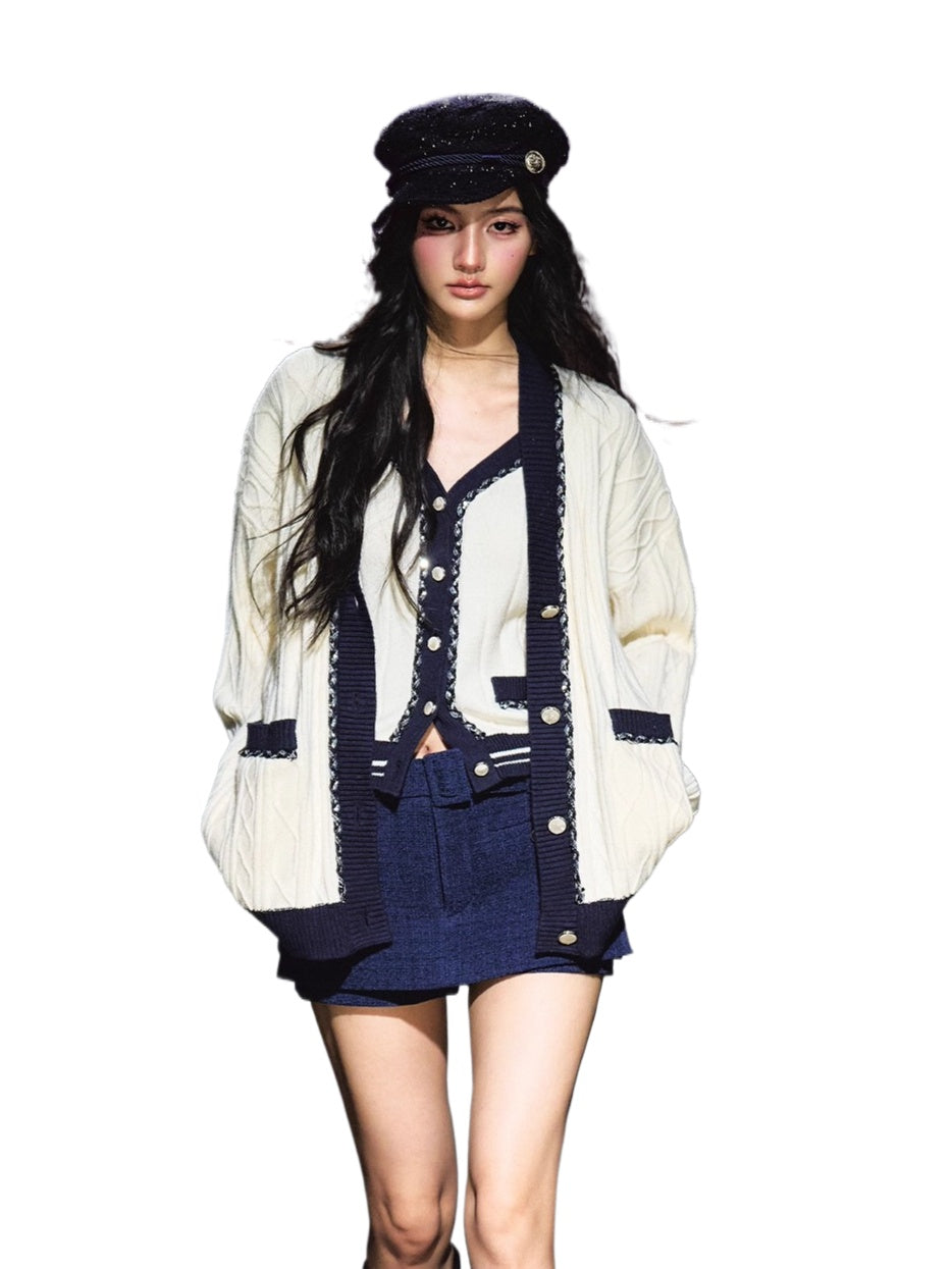 Contrast-Trim Knit Cardigan & Vest Set