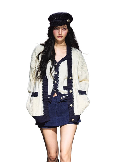 Contrast-Trim Knit Cardigan &amp; Vest Set