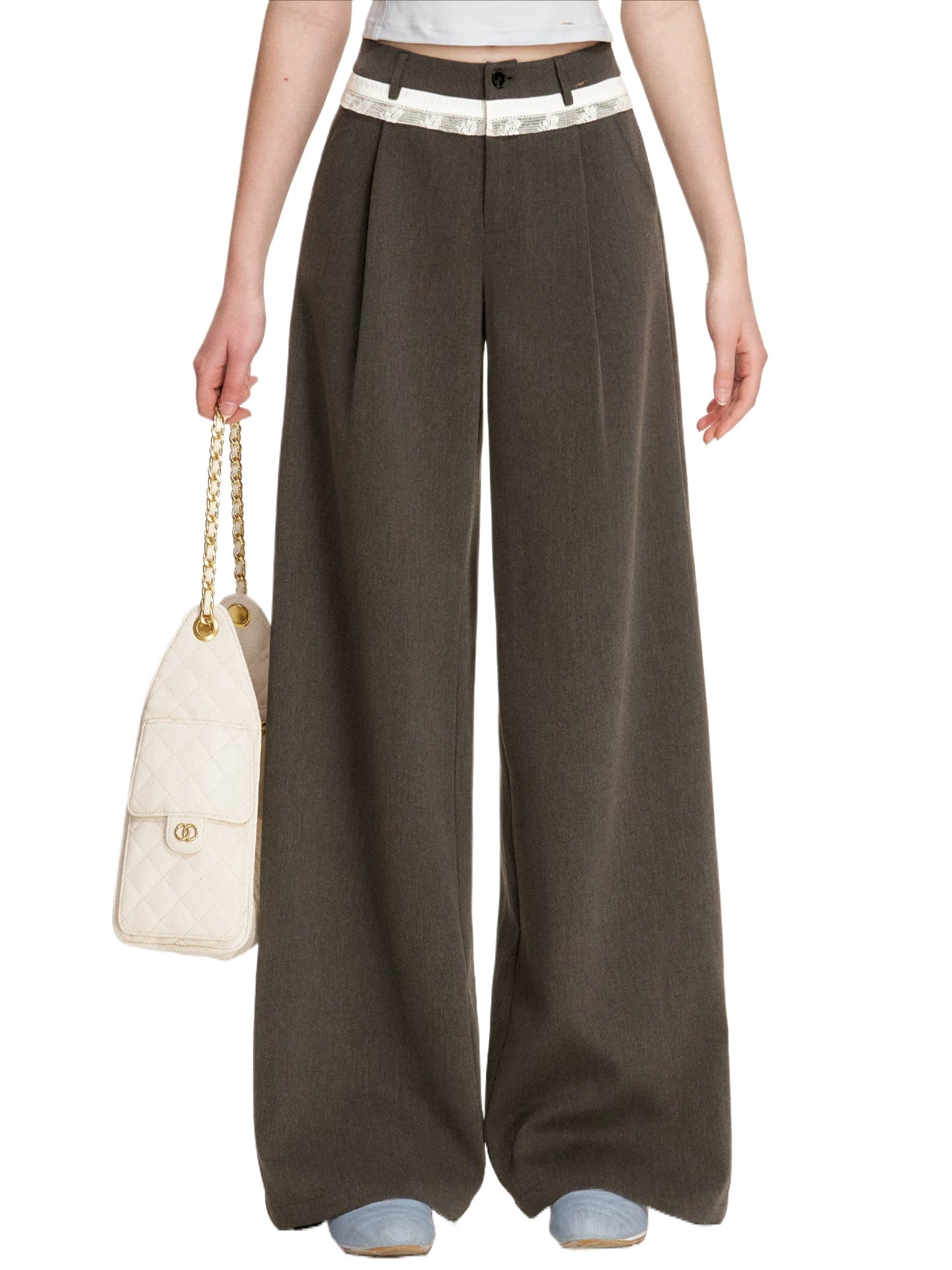 Gray Lace Waist Wide Pants