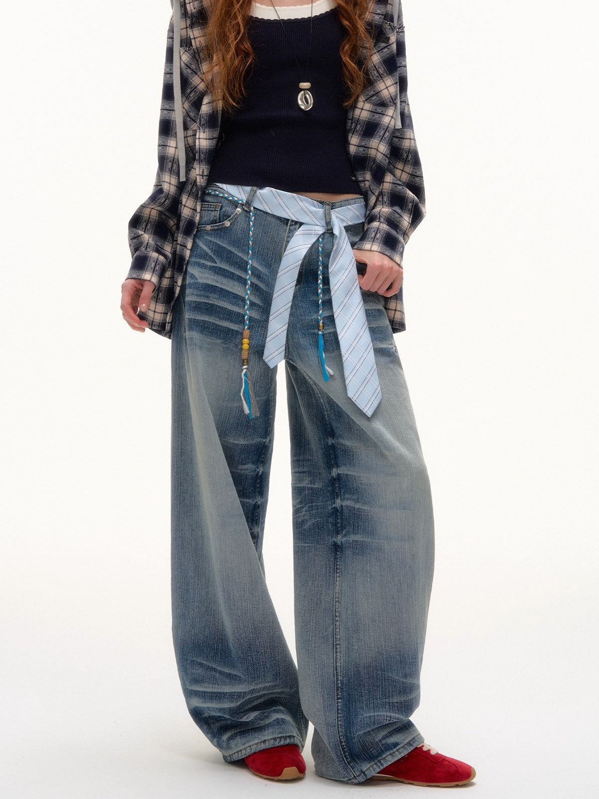 Blue Beaded Washed Denim Pants