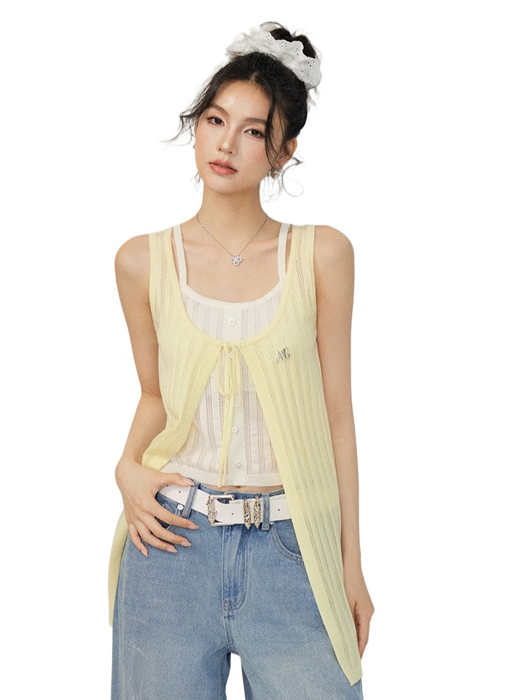 Fake Two piece Hollow-out Knitted Vest