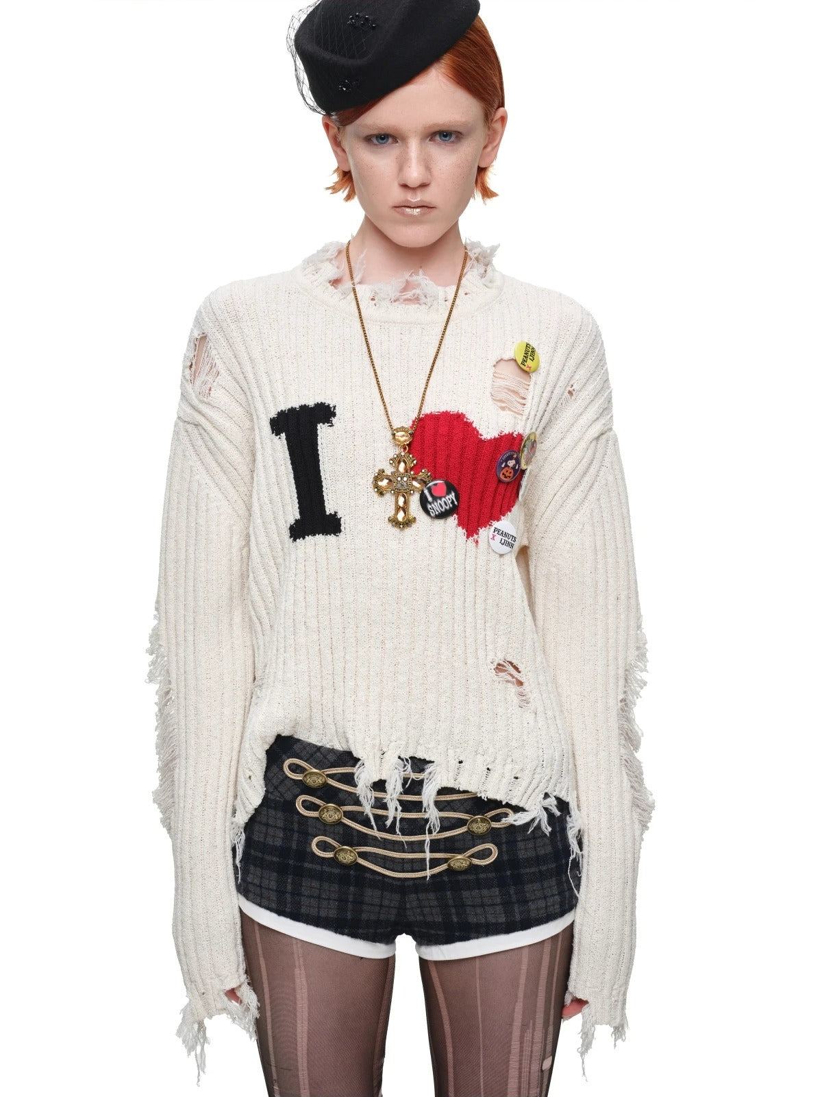 Heart Letter Distressed Knit Sweater