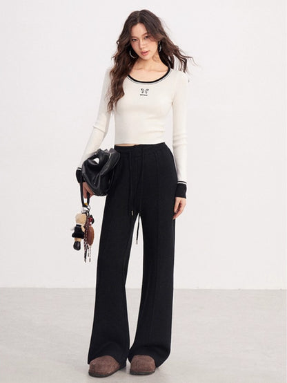 Fleece-lined Knit Elastic Waist Wide-leg Pants