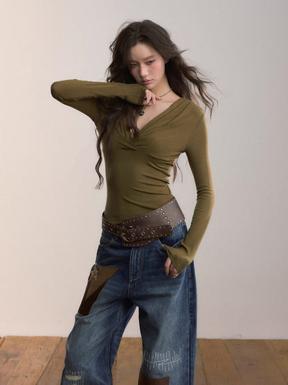 Ruched V-Neck Fitted Layering T-shirt