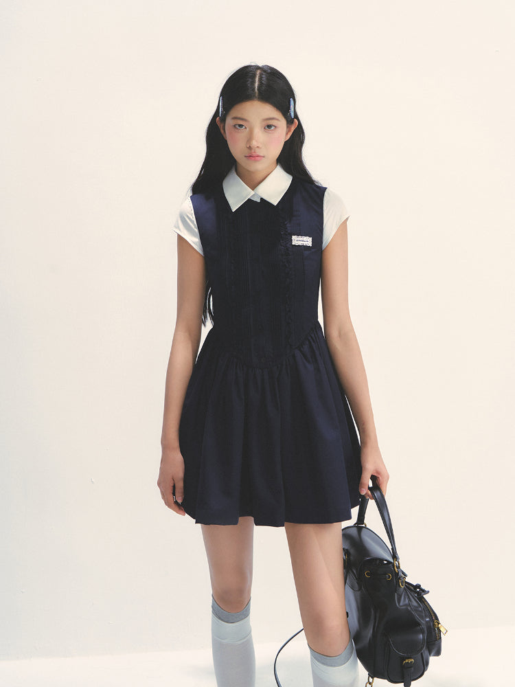 Miu-style Fake Two-piece Navy Blue Dress