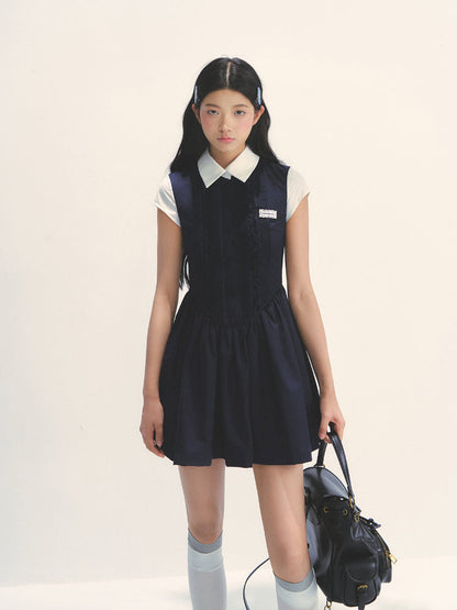 Miu-style Fake Two-piece Navy Blue Dress