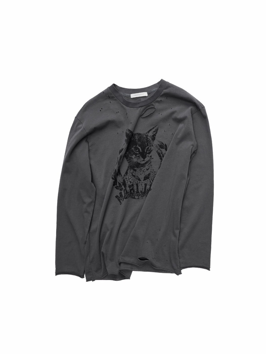 Distressed Cat Graphic Long Sleeve Cotton T-shirt