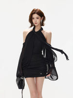 Halter Ruched Bell Sleeve Mini Dress
