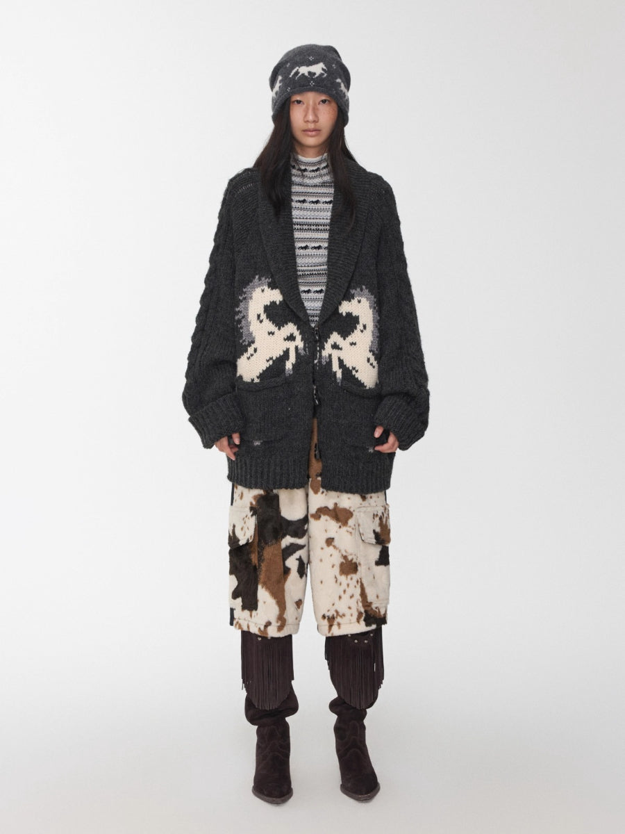 Pony Jacquard Horn-Button Chunky Cardigan